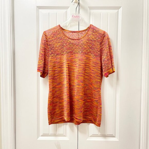 Vintage Sunset Knit Short Sleeve Top Orange Red - L - Picture 1 of 10